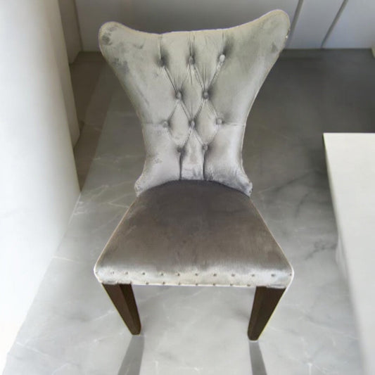 Jade River dining chair in mocha-stained teakwood with plush pewter velvet cushion – Heavenly Home Furniture