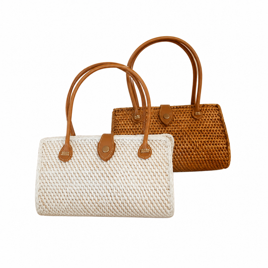 Heavenly Woven Rattan Handbag with Leather Handle