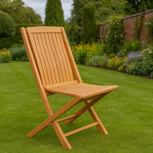 Wooden folding chair on a grassy lawn with garden in the background