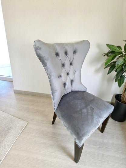 Elegant pewter velvet dining chair with solid teakwood frame – Jade River Collection