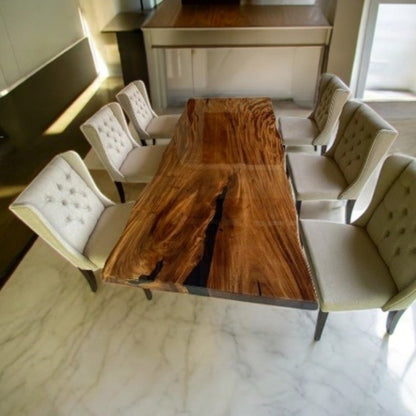Au Naturel Suarwood dining table with black resin river – Heavenly Home Furniture Bali