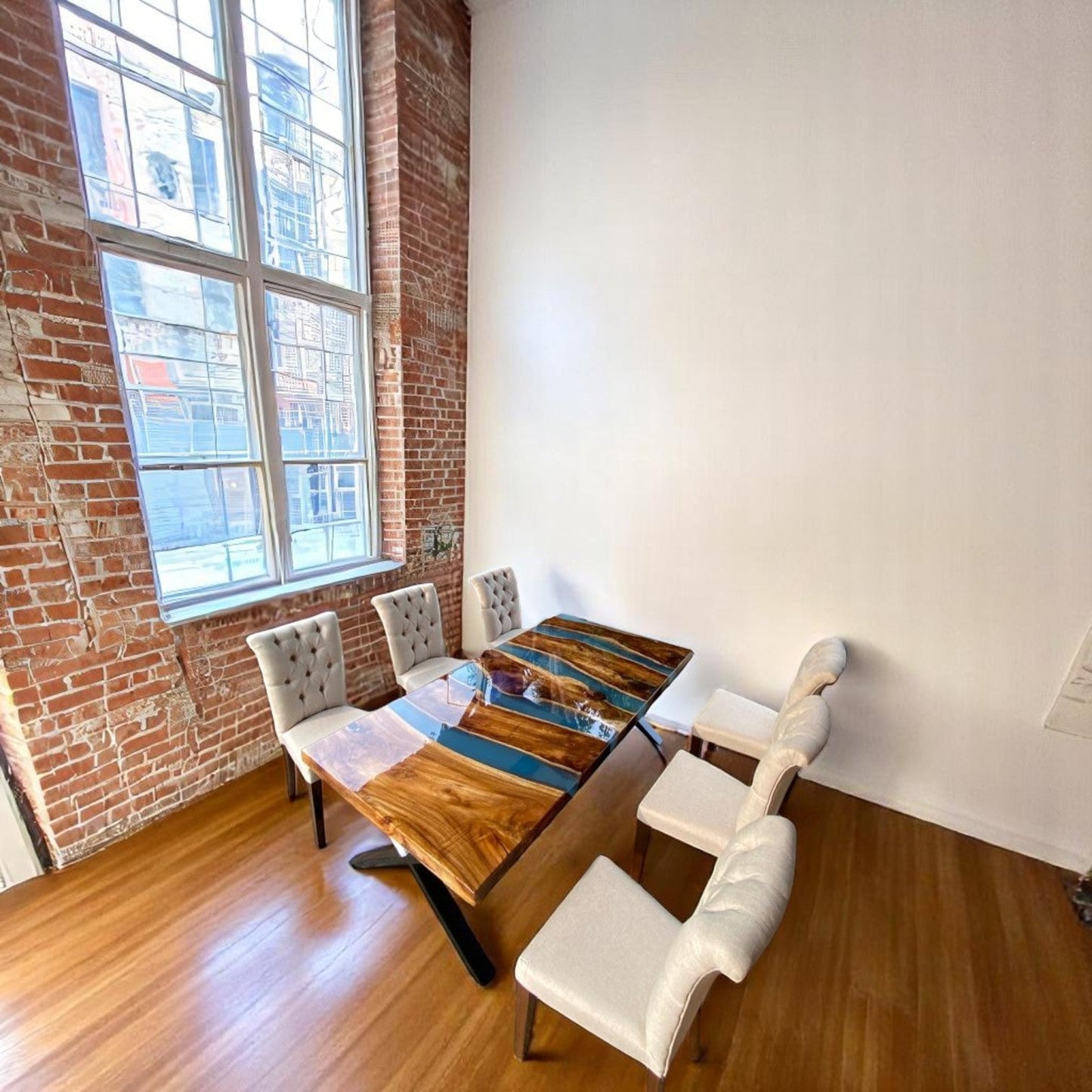 Blue Stream dining table handcrafted from solid teakwood with electric blue resin river – Heavenly Home Furniture