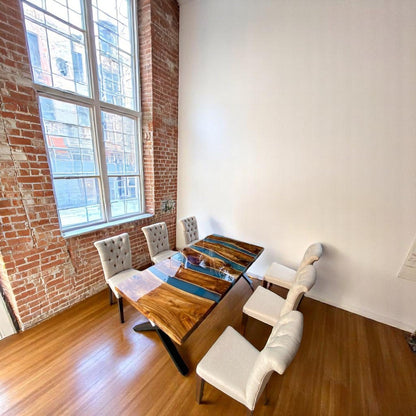 Blue Stream dining table handcrafted from solid teakwood with electric blue resin river – Heavenly Home Furniture