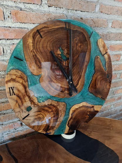 Emerald green resin and Suar wood wall clock handcrafted with Javanese artistry – Heavenly Home Furniture