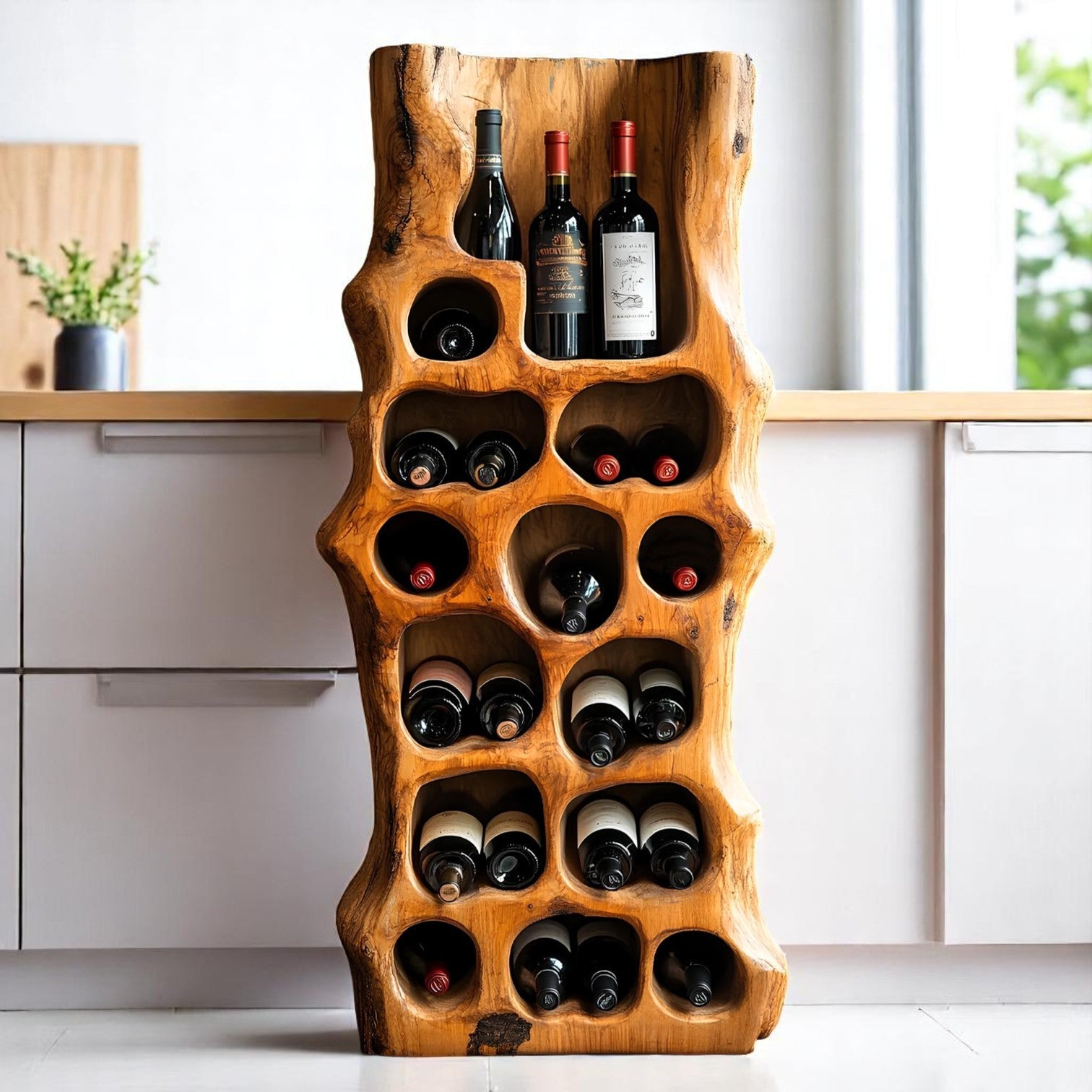 Handcrafted Suar Wood Wine Storage with live edge organic design and Javanese artistry – Heavenly Home Furniture
