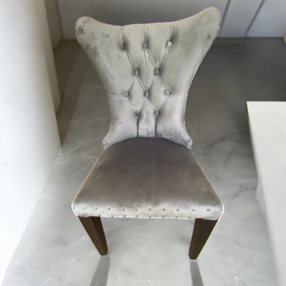 Jade River dining chair in mocha-stained teakwood with plush pewter velvet cushion – Heavenly Home Furniture