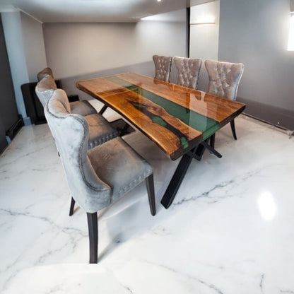 Jade River dining table handcrafted from solid teakwood with jade green resin – Heavenly Home Furniture