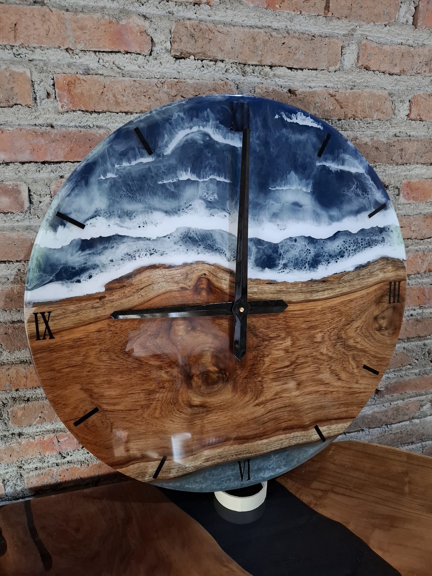 Luxury modern resin and wood wall clock in blue colorway – sustainable home decor