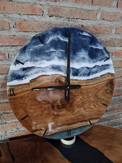 Luxury modern resin and wood wall clock in blue colorway – sustainable home decor