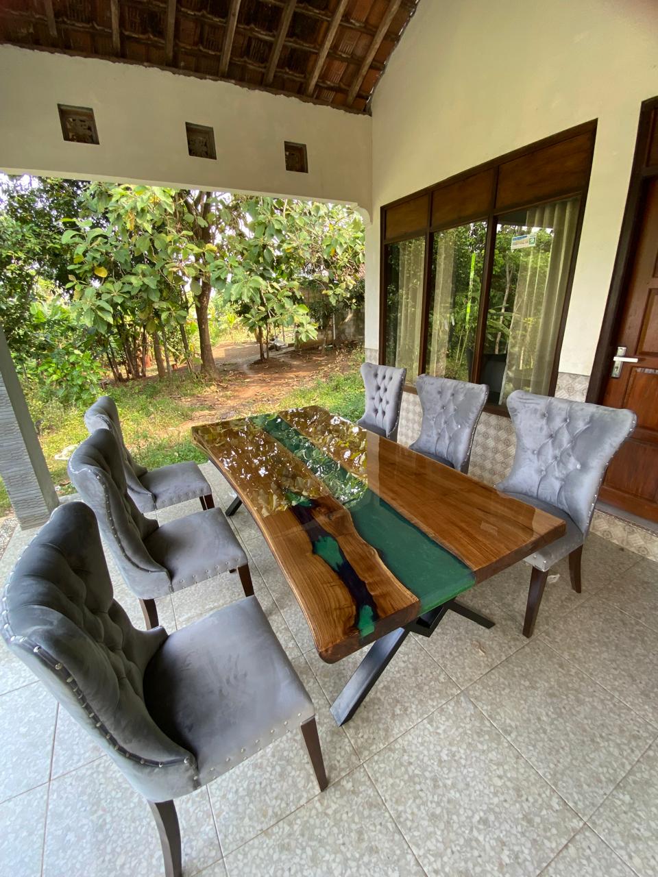 Elegant resin river dining table with jade gemstone-inspired design – 6 seater