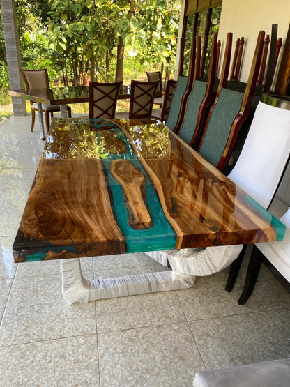 Contemporary dining table in teakwood and turquoise resin, tropical luxury design