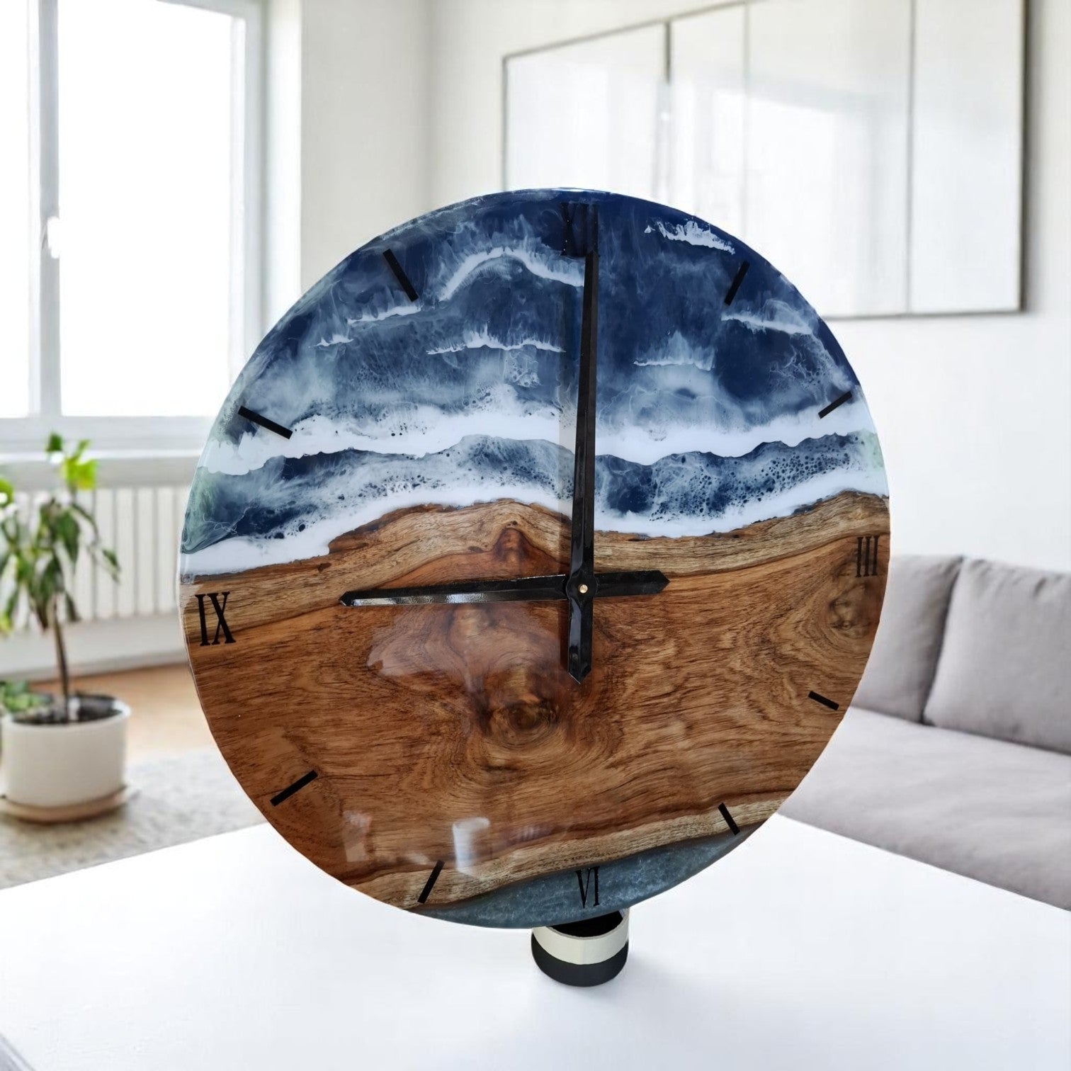 Ocean blue resin and Suar wood wall clock handcrafted with Javanese artistry – Heavenly Home Furniture