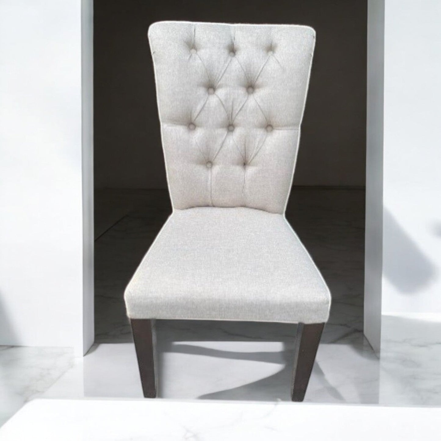 Sandshell Royal wingless dining chair in mocha-stained teakwood with cream fabric cushion – Heavenly Home Furniture