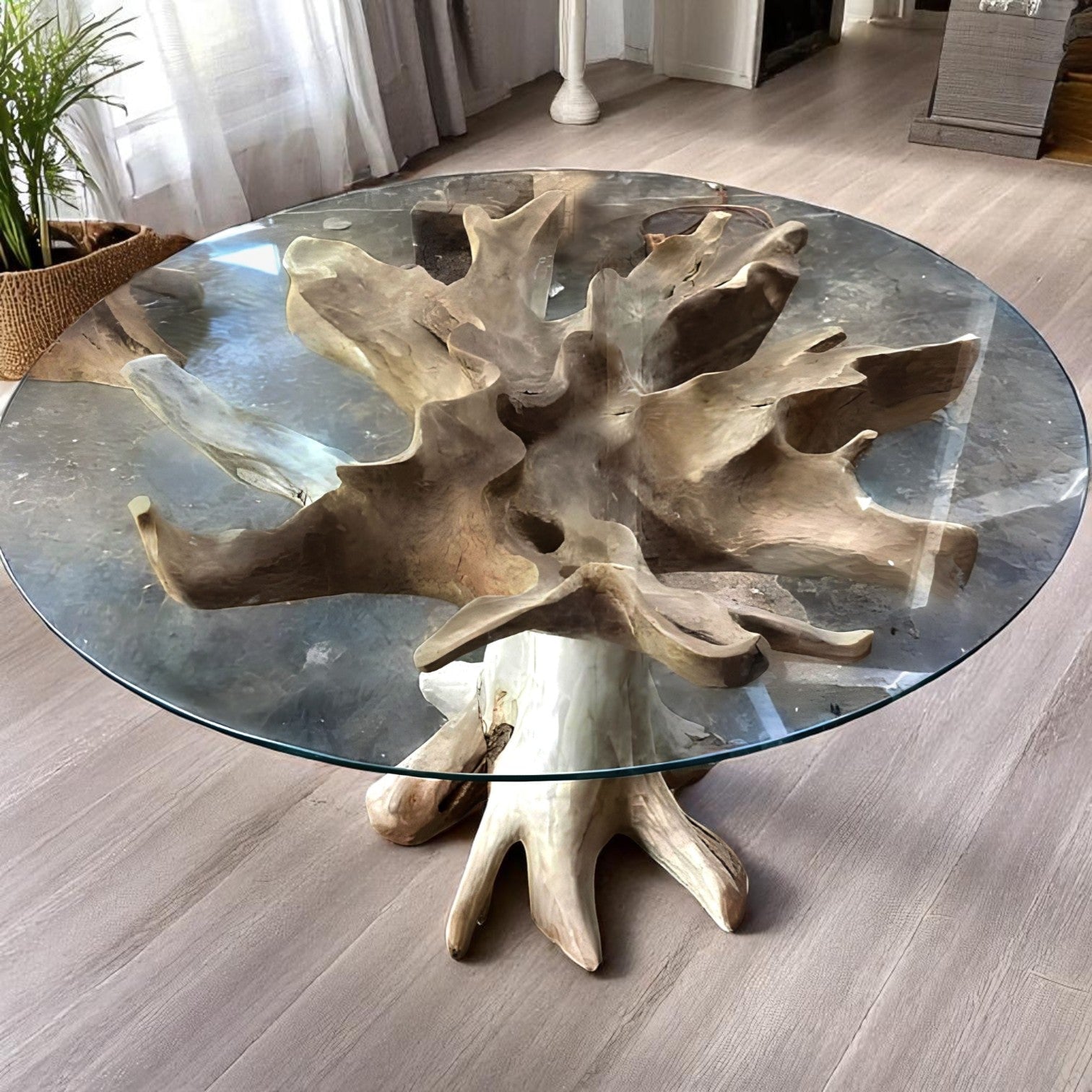 Handcrafted Suar Wood Natural Root Circle Table with organic design and rustic charm – Heavenly Home Furniture