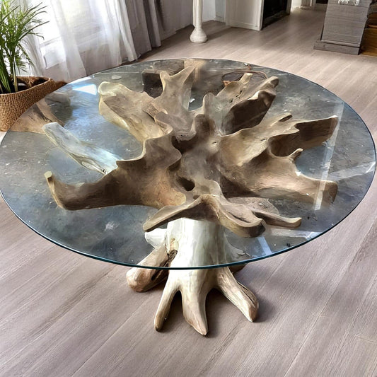 Handcrafted Suar Wood Natural Root Circle Table with organic design and rustic charm – Heavenly Home Furniture