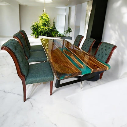 Turquoise River dining table handcrafted from solid teakwood with epoxy resin – Heavenly Home Furniture