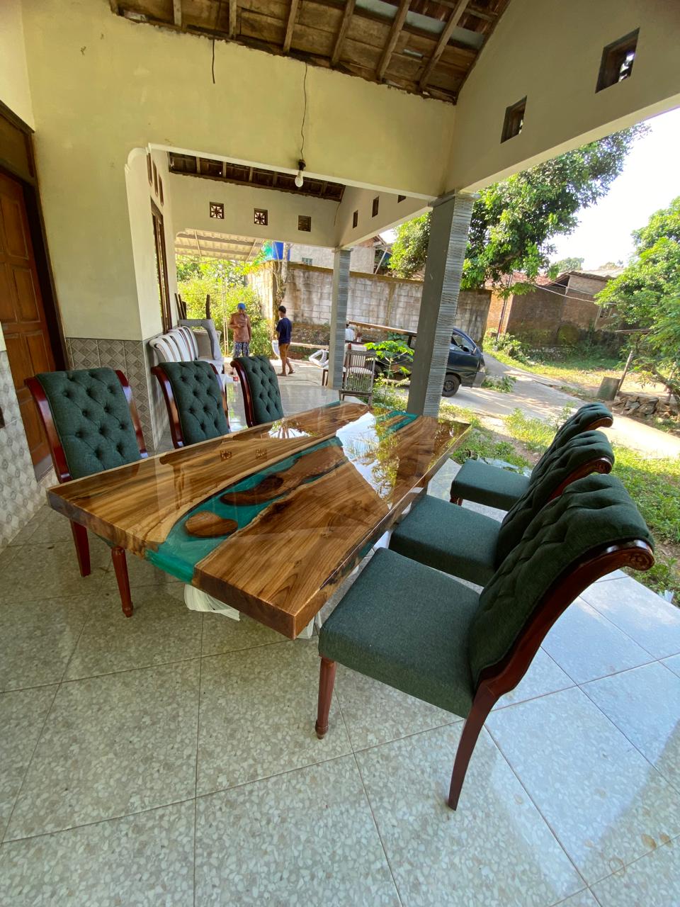 Unique turquoise resin and golden teakwood dining table – bold elegant furniture