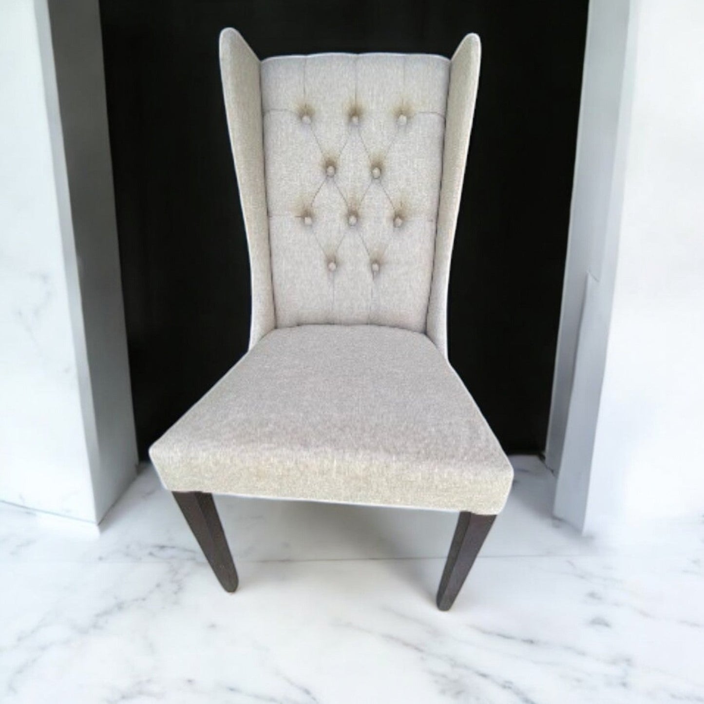 Wingback dining chair in solid teakwood with cream fabric upholstery – Heavenly Home Furniture