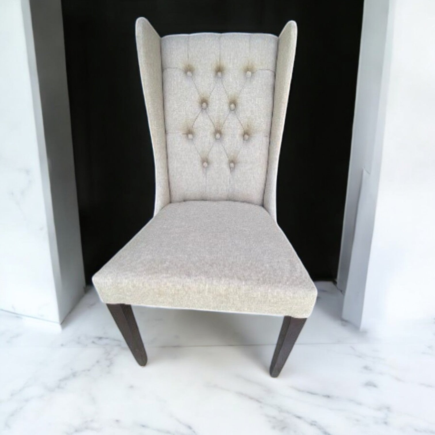 Wingback dining chair in solid teakwood with cream fabric upholstery – Heavenly Home Furniture