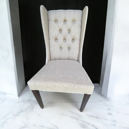 Wingback dining chair in solid teakwood with cream fabric upholstery – Heavenly Home Furniture